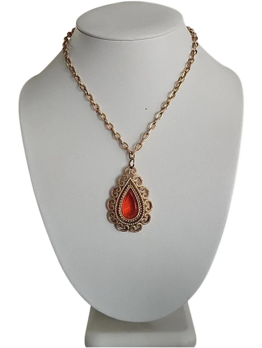 Vintage Avon Gold-Tone Necklace with Red Teardrop Pendant